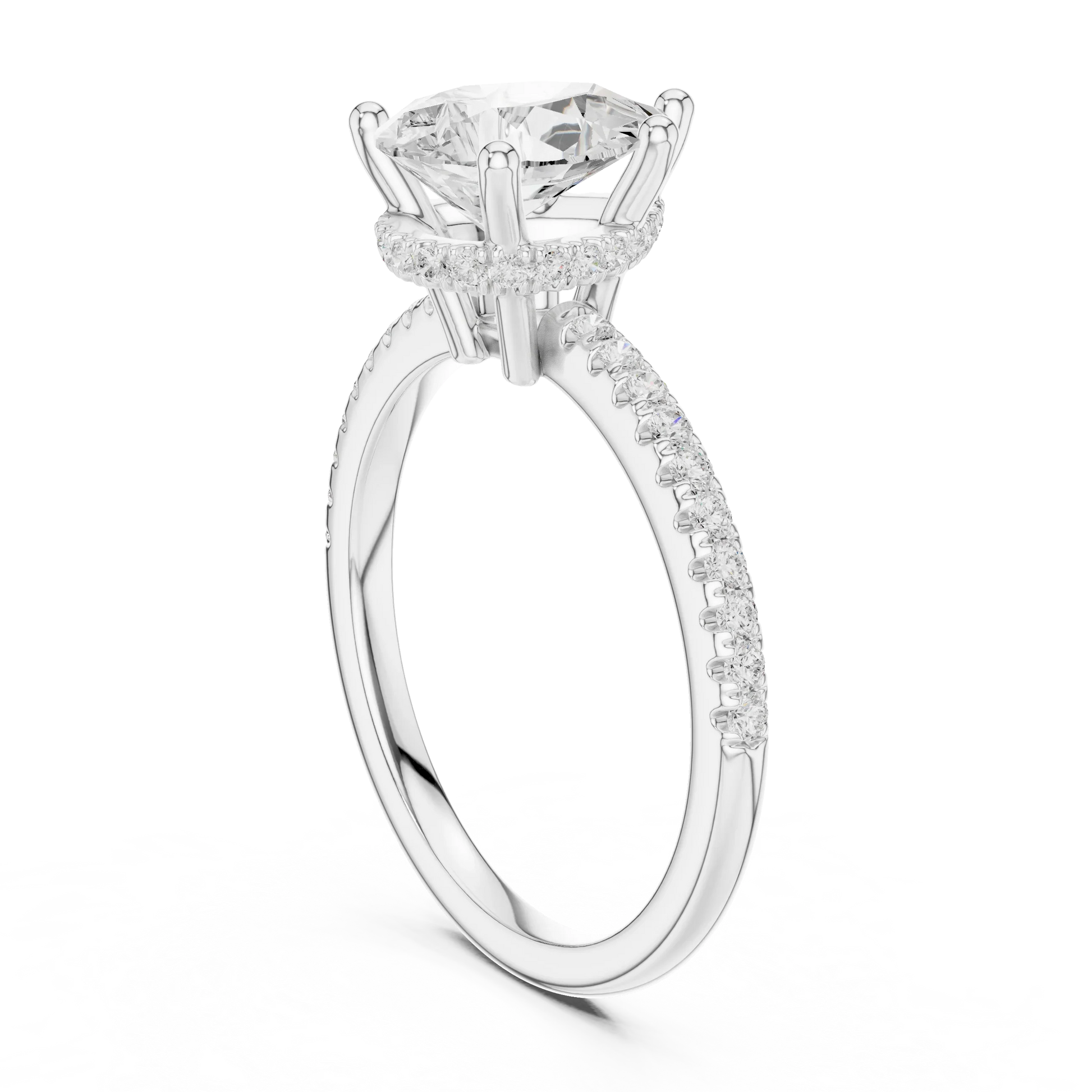 Back side view of white gold pear cut solitaire ring showing thin pave band and setting details