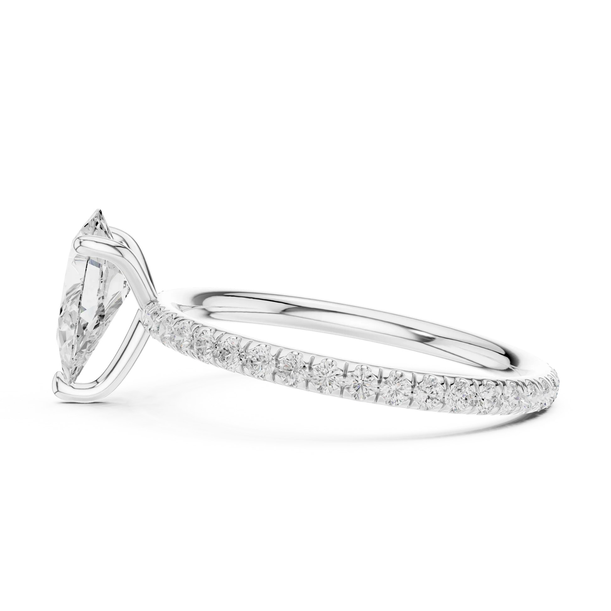 Side view of white gold pear cut solitaire ring with thin pavé diamond band and raised setting