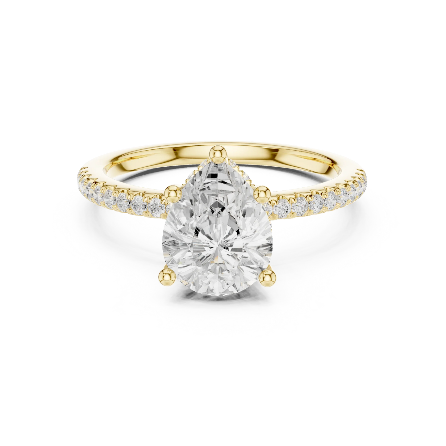 Yellow gold pear cut solitaire ring with thin pave band and lab-grown diamond, elegant style