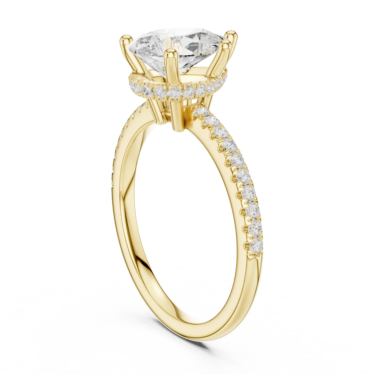 Back side view of yellow gold pear cut solitaire ring showing thin pave band and mounting details