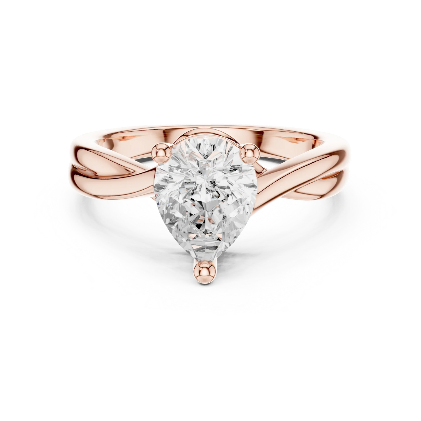 Lab-grown pear cut solitaire ring in rose gold with twisted band design