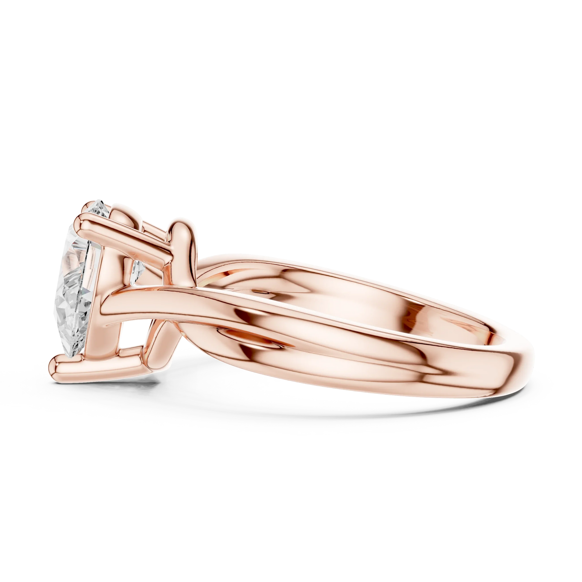 Side profile of rose gold pear cut solitaire ring with twisted band and elevated center stone