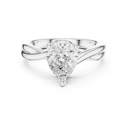Lab-grown pear cut solitaire ring in white gold with twisted band design