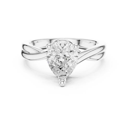 Lab-grown pear cut solitaire ring in white gold with twisted band design