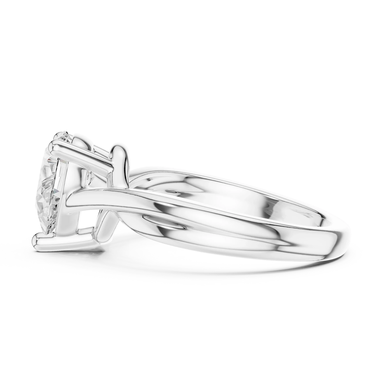 Side view of white gold pear cut solitaire ring with twisted band and raised setting