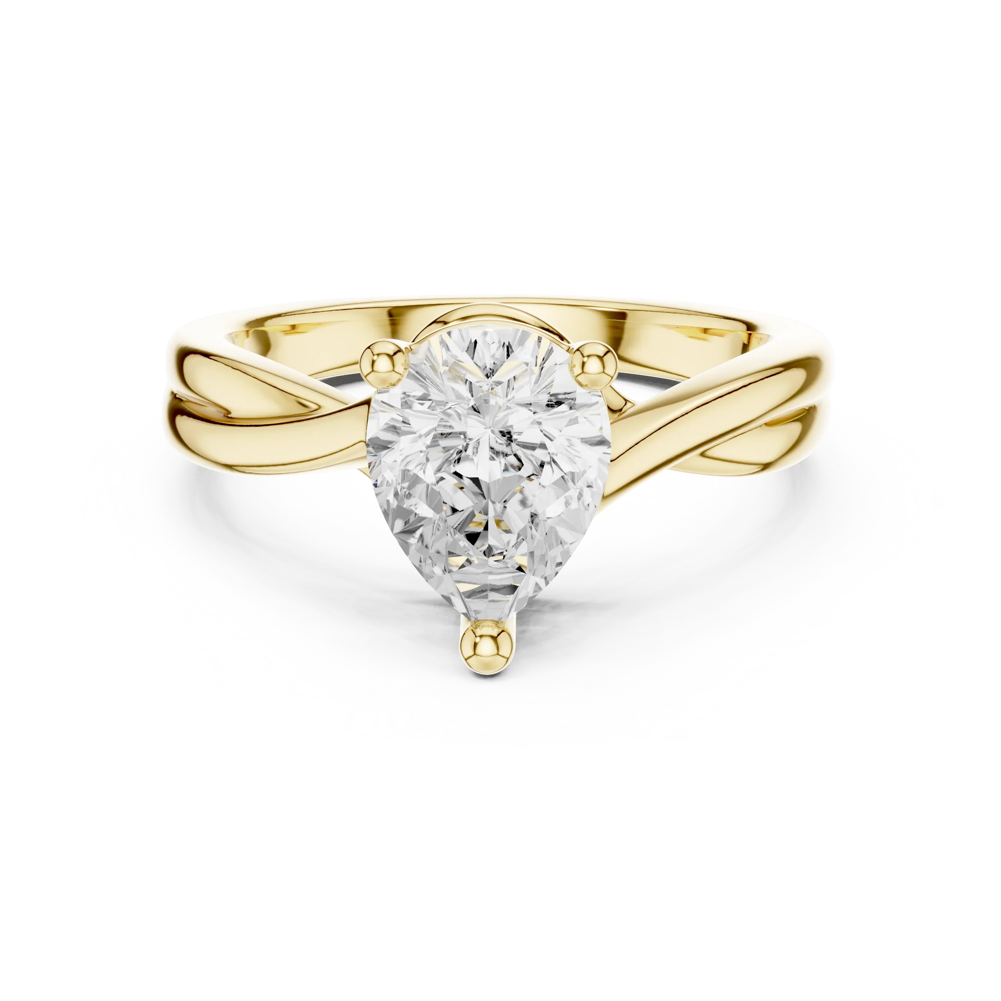Lab-grown pear cut solitaire ring in yellow gold with twisted band design