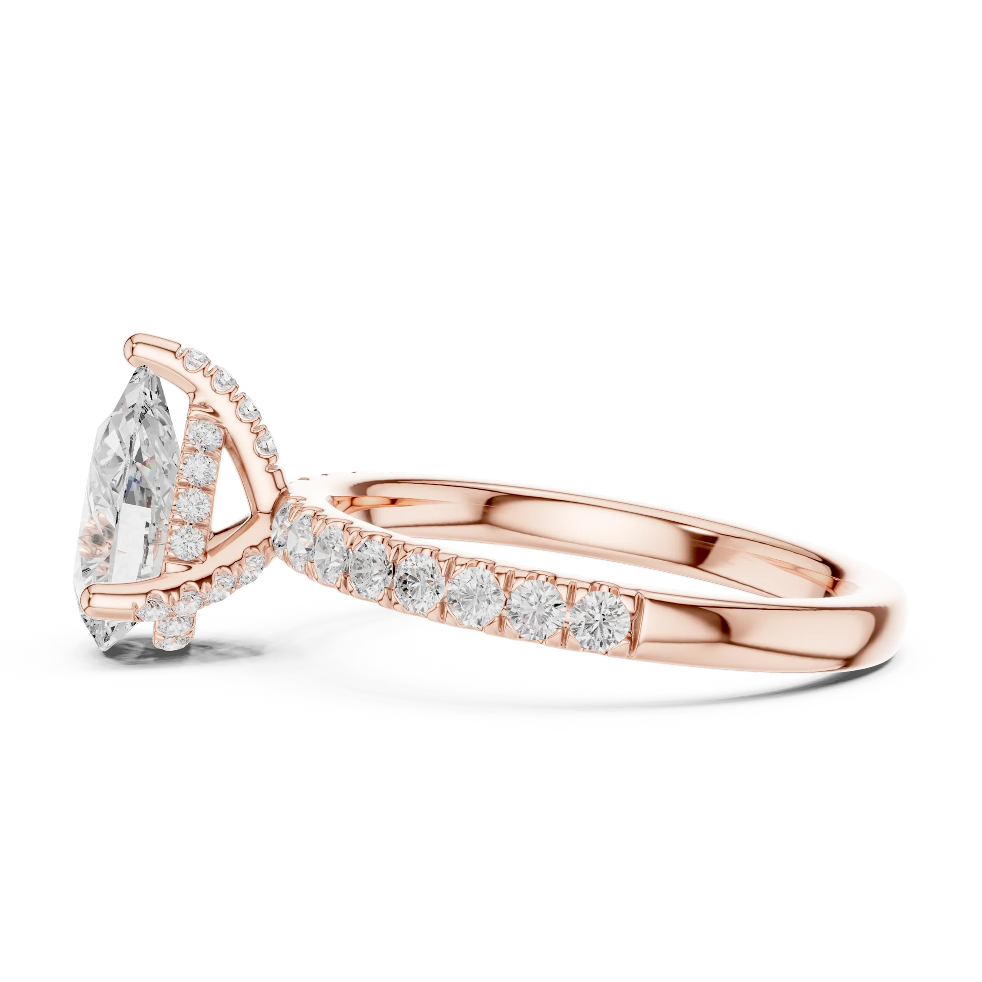 Side view of rose gold pear solitaire ring with pave diamond band and lab-grown diamond – Australia