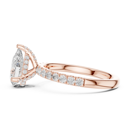 Side view of rose gold pear solitaire ring with pave diamond band and lab-grown diamond – Australia