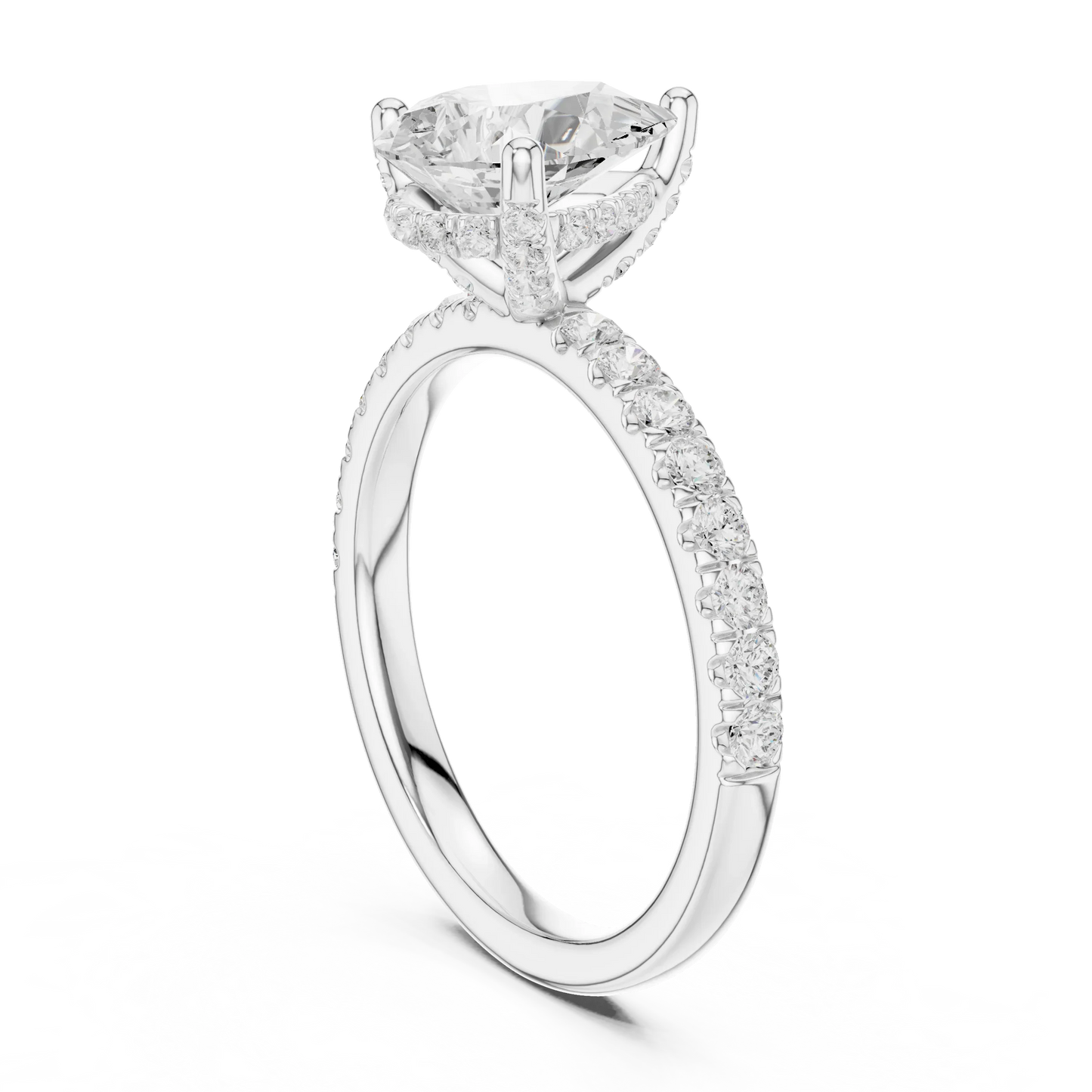 Back view of white gold pear solitaire ring with pave diamond band and lab-grown diamond – Australia