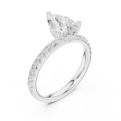 Front view of white gold pear solitaire ring with pave diamond band and lab-grown diamond – Australia