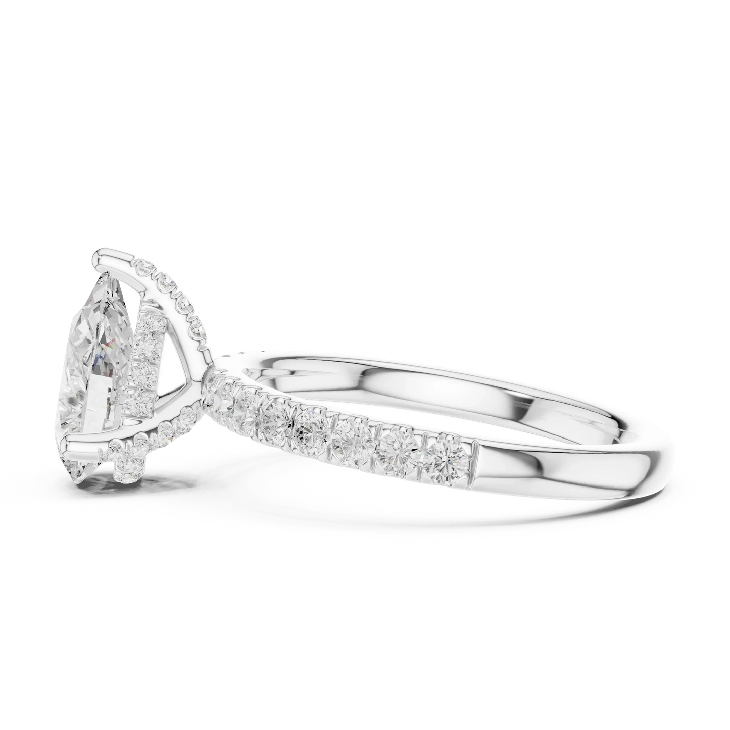 Side view of white gold pear solitaire ring with pave diamond band and lab-grown diamond – Australia
