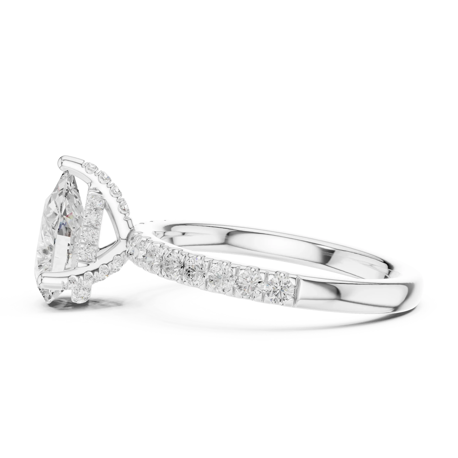 Side view of white gold pear solitaire ring with pave diamond band and lab-grown diamond – Australia