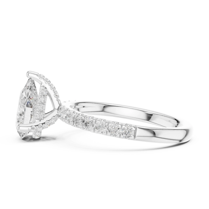 Side view of white gold pear solitaire ring with pave diamond band and lab-grown diamond – Australia