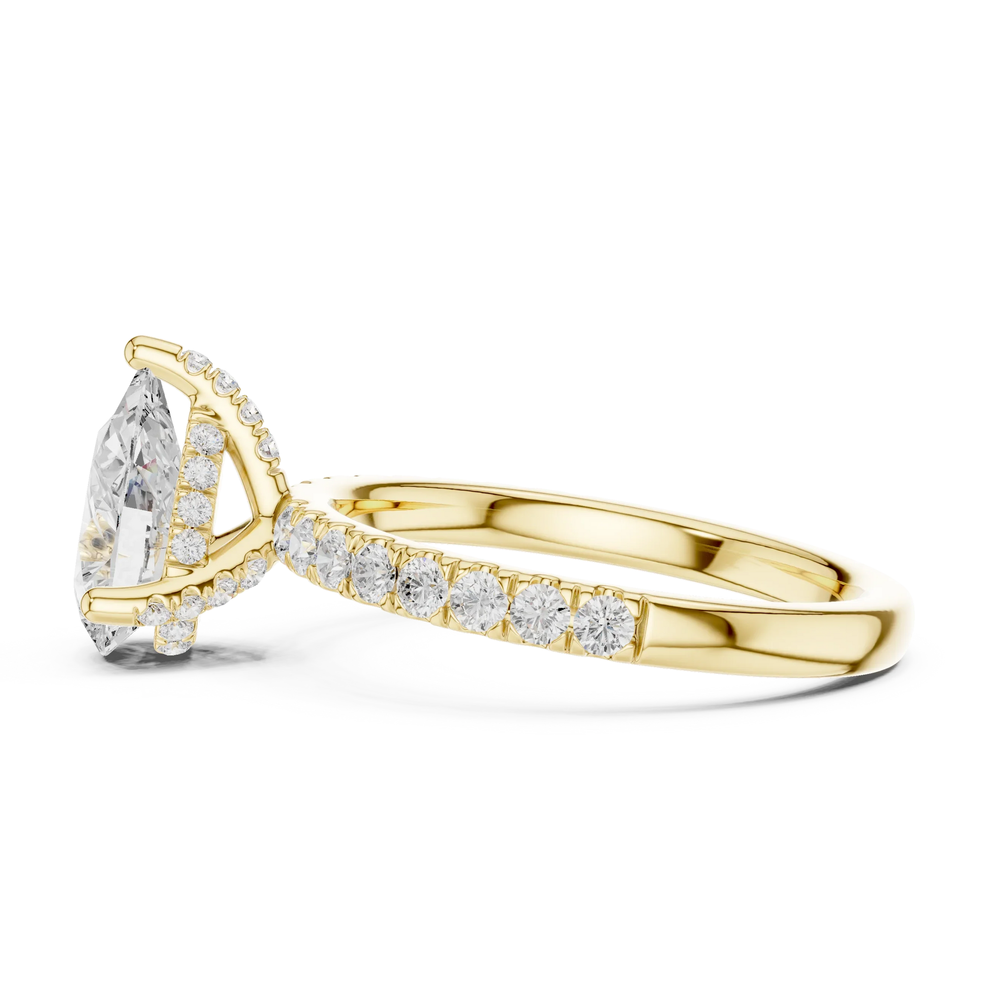 Side view of yellow gold pear solitaire ring with pave diamond band and lab-grown diamond – Australia