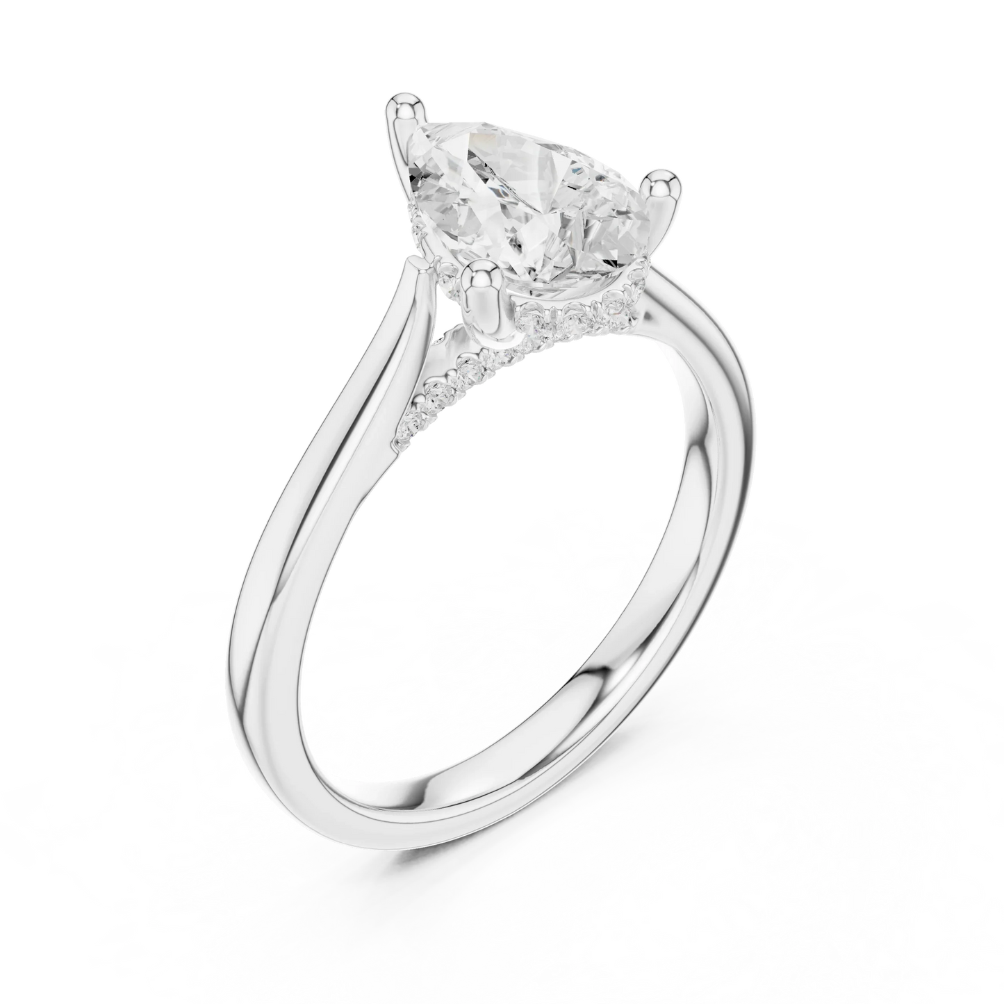 Front view of white gold pear solitaire ring with plain domed band and lab-grown diamond – Australia