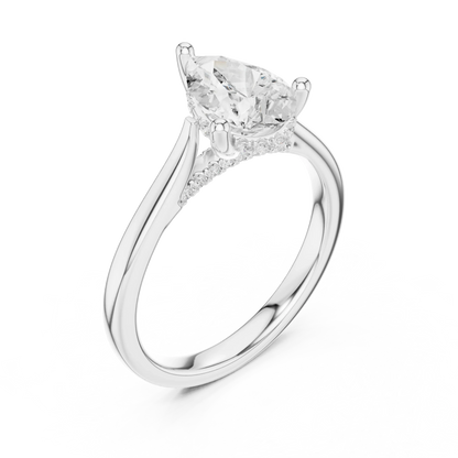 Front view of white gold pear solitaire ring with plain domed band and lab-grown diamond – Australia