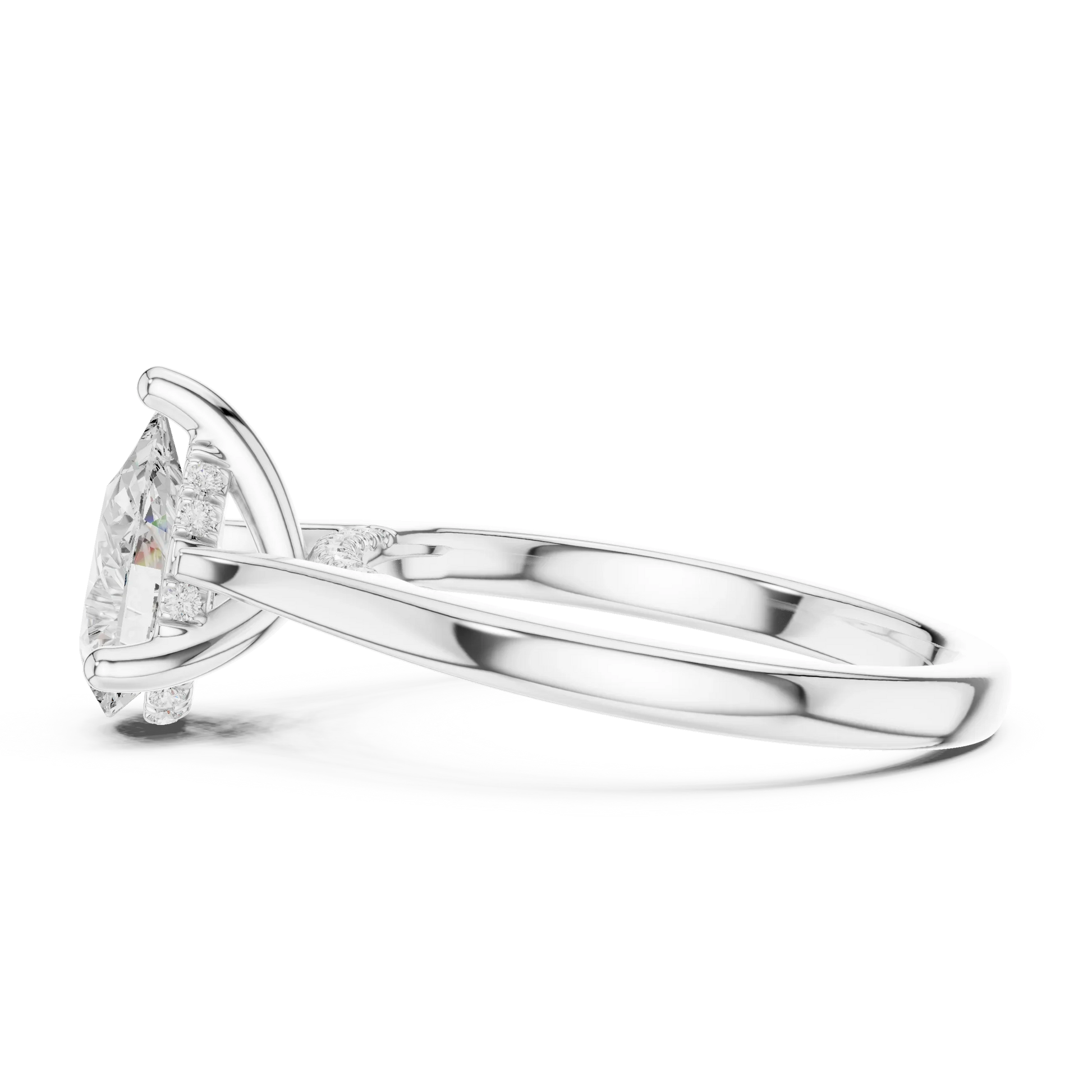 Side view of white gold pear solitaire ring with plain domed band and lab-grown diamond – Australia