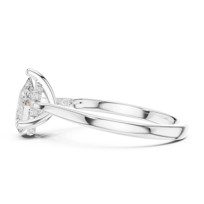 Side view of white gold pear solitaire ring with plain domed band and lab-grown diamond – Australia