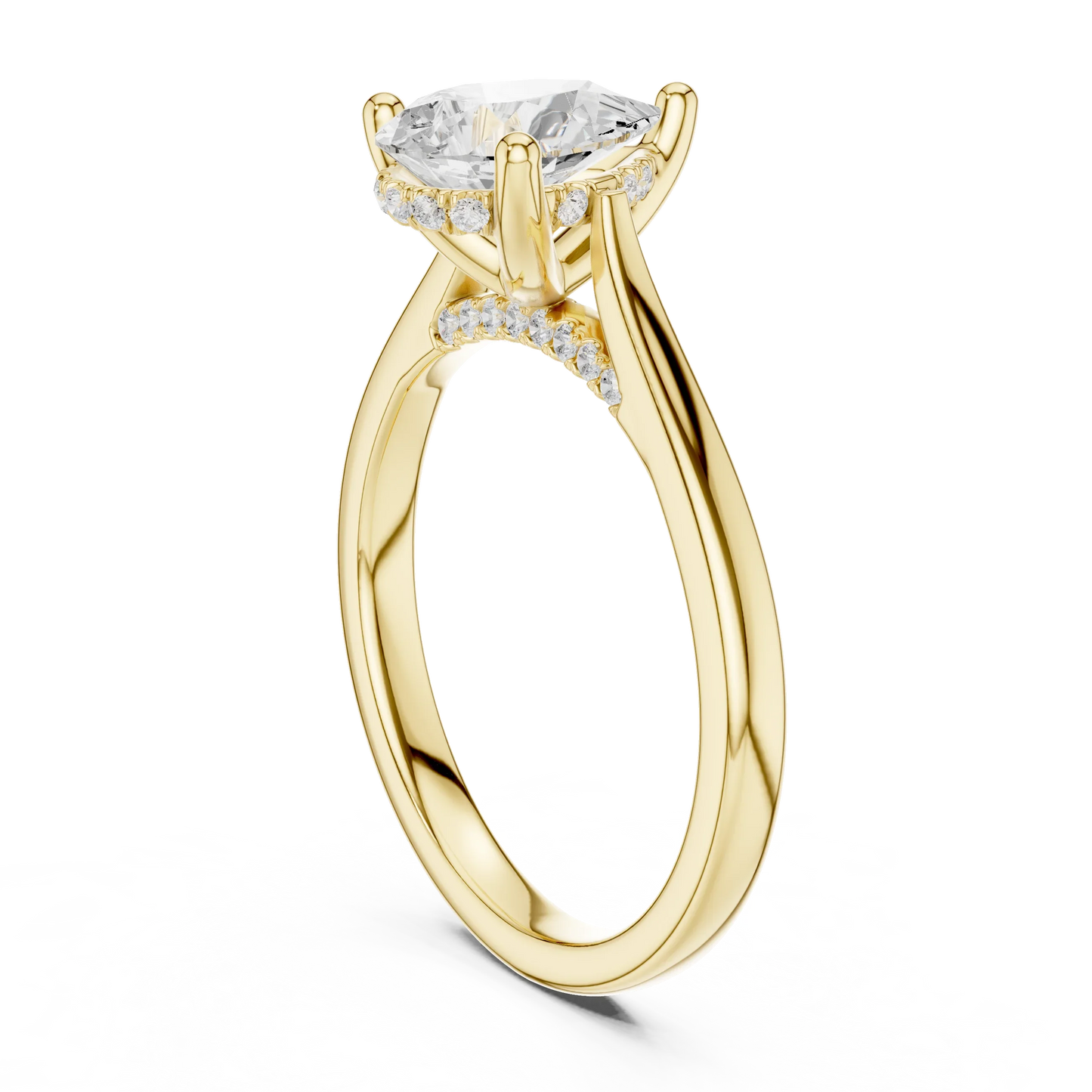 Back view of yellow gold pear solitaire ring with plain domed band and lab-grown diamond – Australia