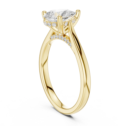 Back view of yellow gold pear solitaire ring with plain domed band and lab-grown diamond – Australia