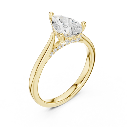 Front view of yellow gold pear solitaire ring with plain domed band and lab-grown diamond – Australia