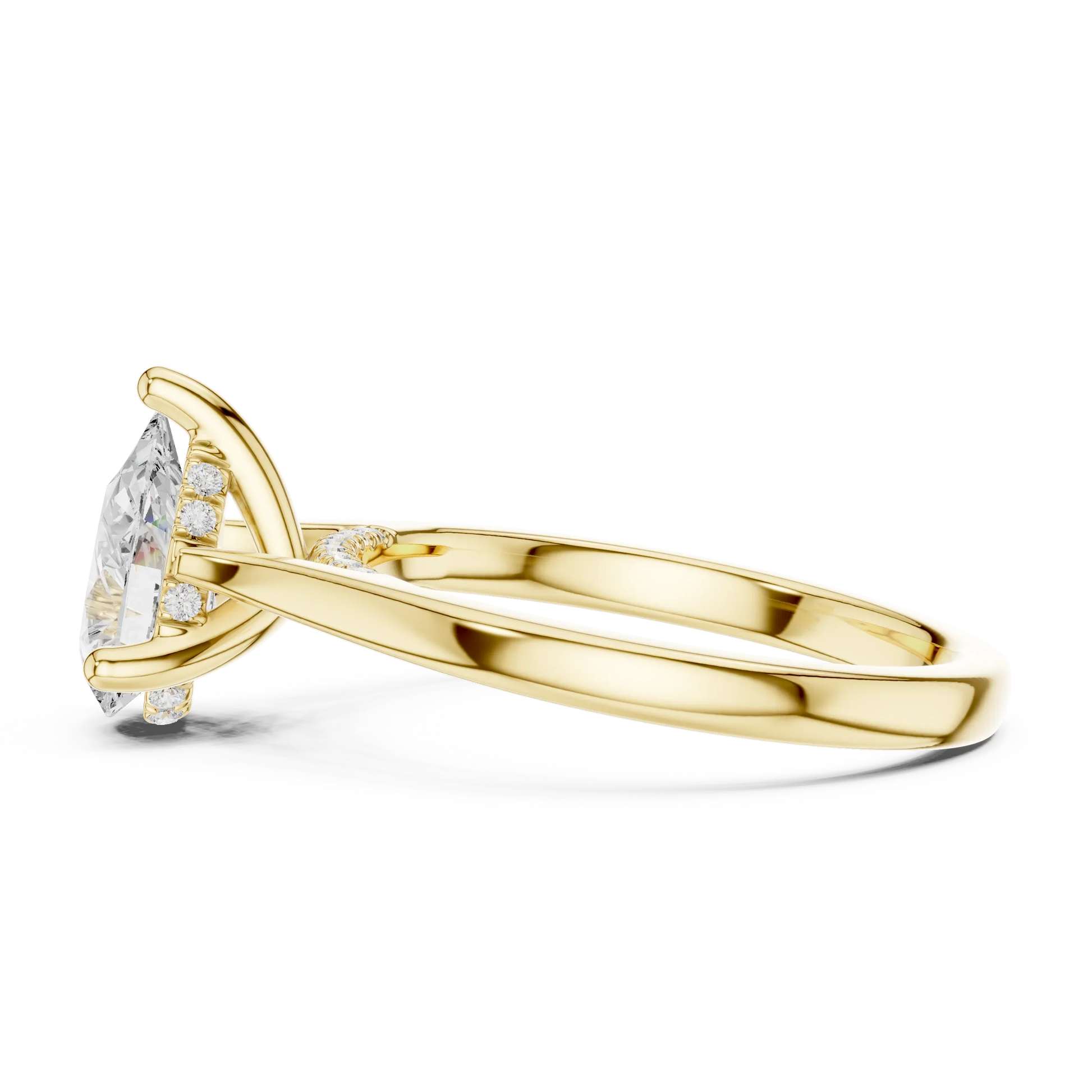 Side view of yellow gold pear solitaire ring with plain domed band and lab-grown diamond – Australia