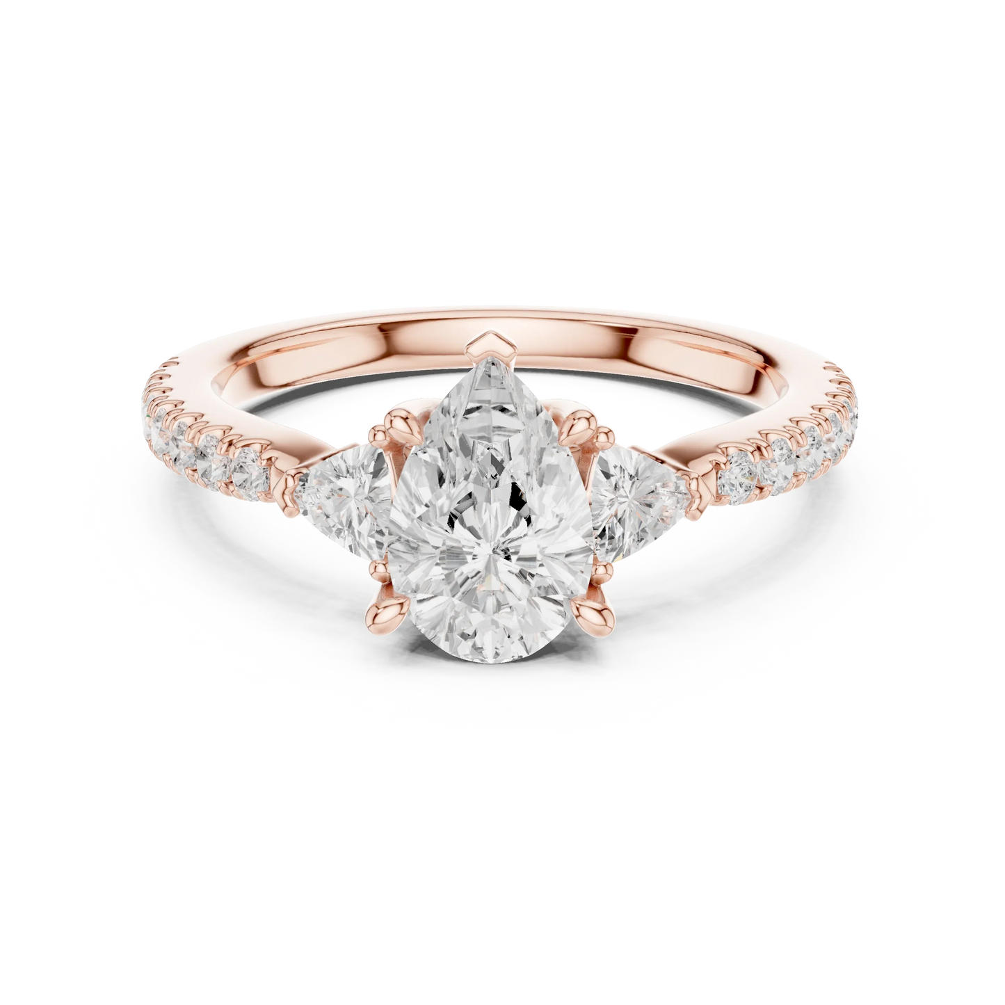 Lab-grown pear cut three stone diamond ring with half moon side stones and pave band in rose gold, top view.