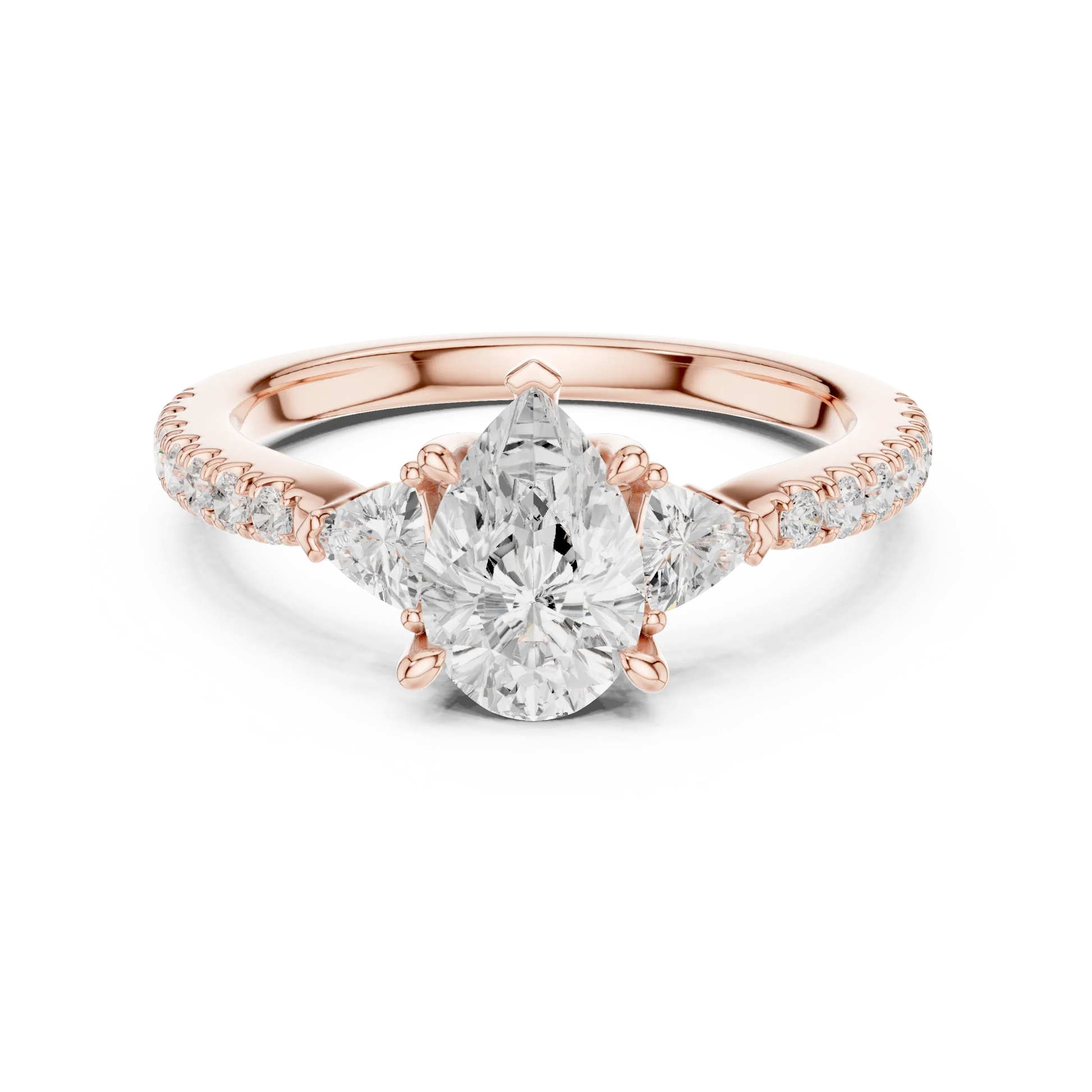 Lab-grown pear cut three stone diamond ring with half moon side stones and pave band in rose gold, top view.