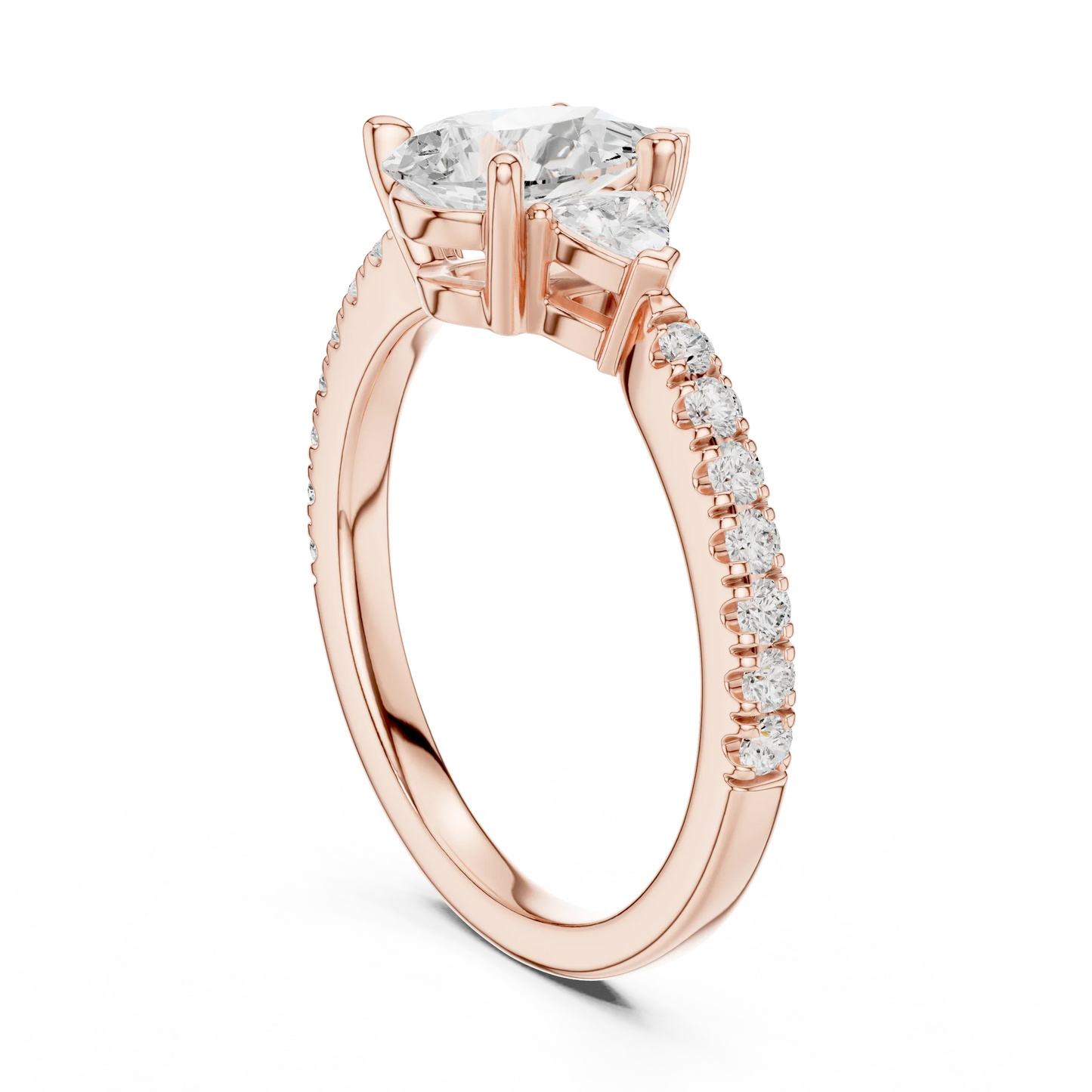 Back view of rose gold pear three stone diamond ring with half moon side stones and pave band, detailing band and setting.