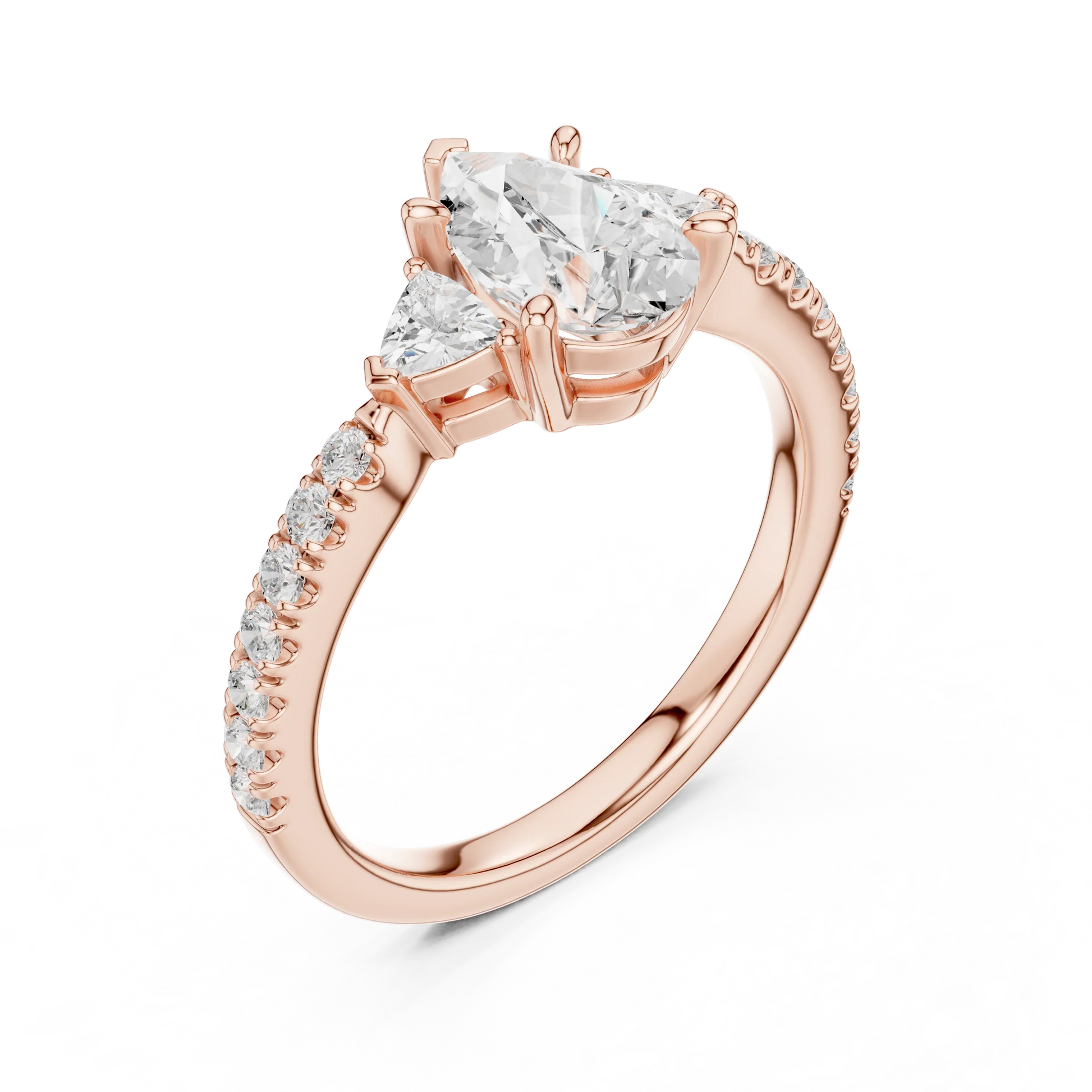 Front view of rose gold pear three stone diamond ring with half moon side stones and pave band, showcasing gemstone brilliance.