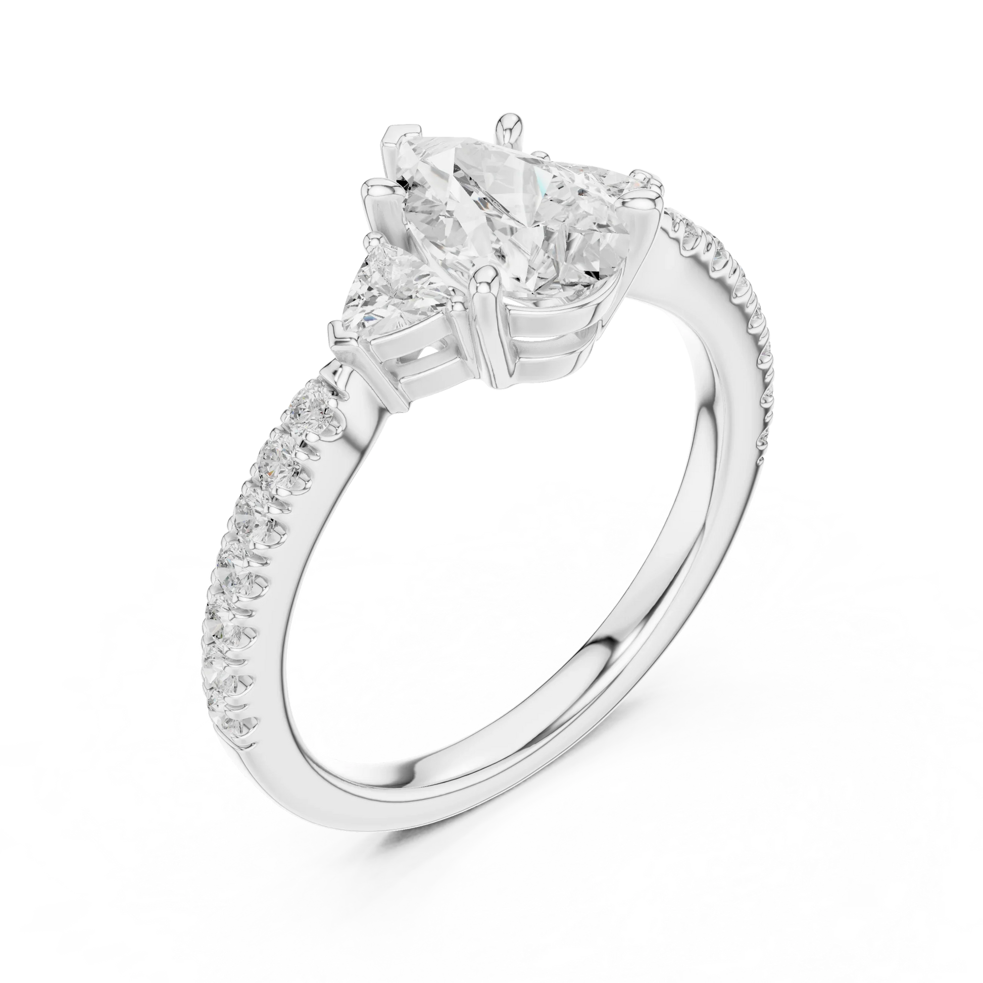 Front view of white gold pear three stone diamond ring with half moon side stones and pave band, showcasing center stone.