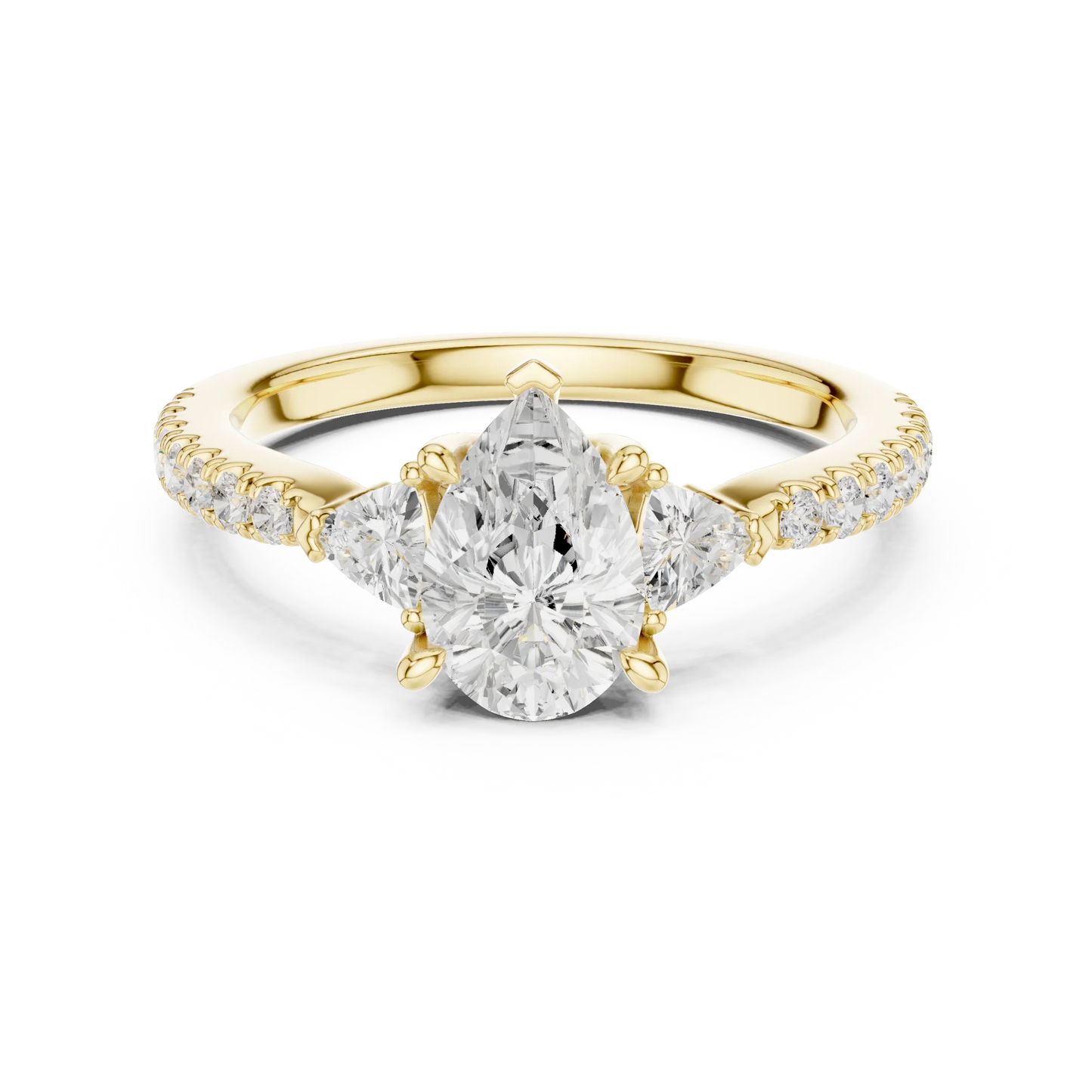 Lab-grown pear cut three stone diamond ring with half moon side stones and pave band in yellow gold, top view.