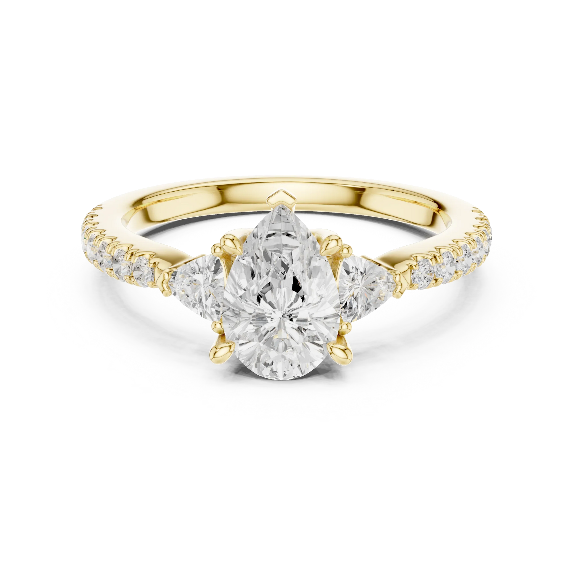Lab-grown pear cut three stone diamond ring with half moon side stones and pave band in yellow gold, top view.