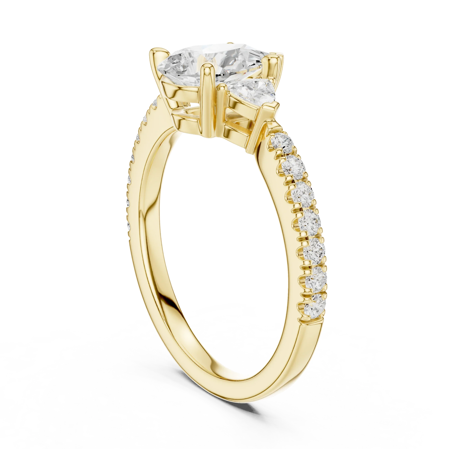 Back view of yellow gold pear three stone diamond ring with half moon side stones and pave band, showing band structure.