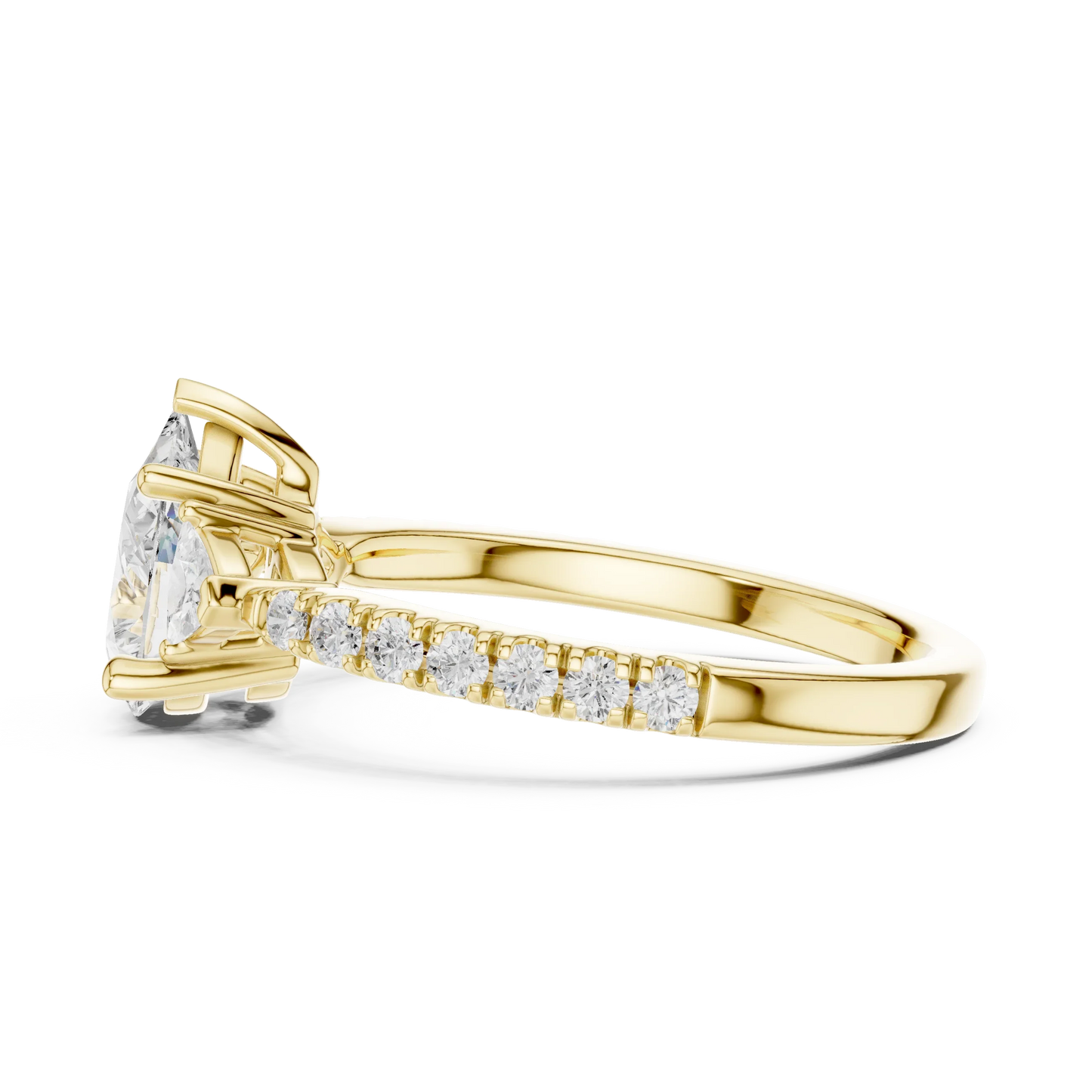 Side view of yellow gold pear three stone diamond ring with half moon side stones and pave band, highlighting design profile.