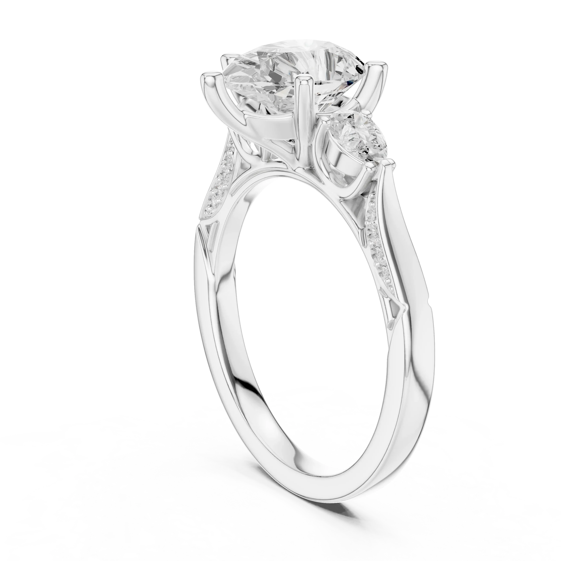 Back side view of white gold pear three stone ring with pear side stones, accent band and lab-grown diamonds 鈥?Australia