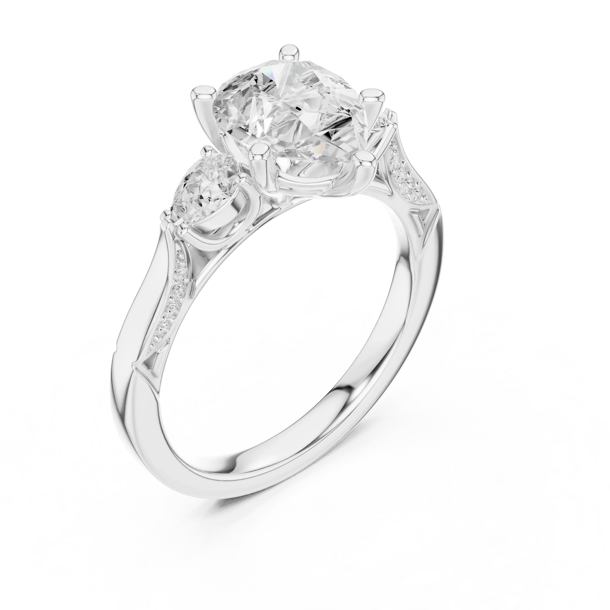 Front view of white gold pear three stone ring with pear side stones, accent band and lab-grown diamonds 鈥?Australia