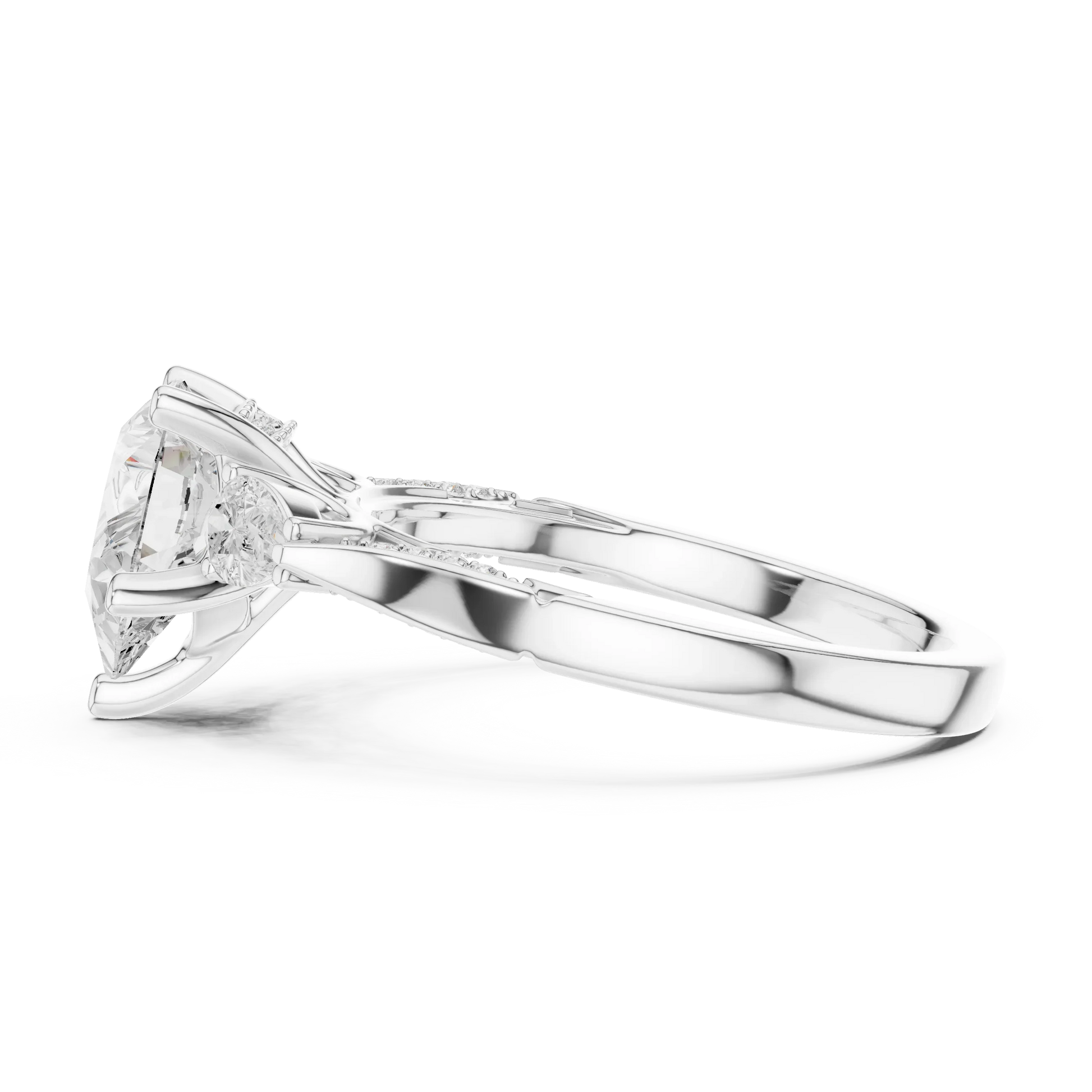 Side view of white gold pear three stone ring with pear side stones, accent band and lab-grown diamonds 鈥?Australia