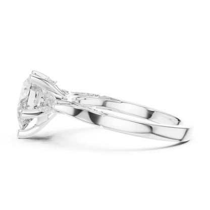 Side view of white gold pear three stone ring with pear side stones, accent band and lab-grown diamonds 鈥?Australia