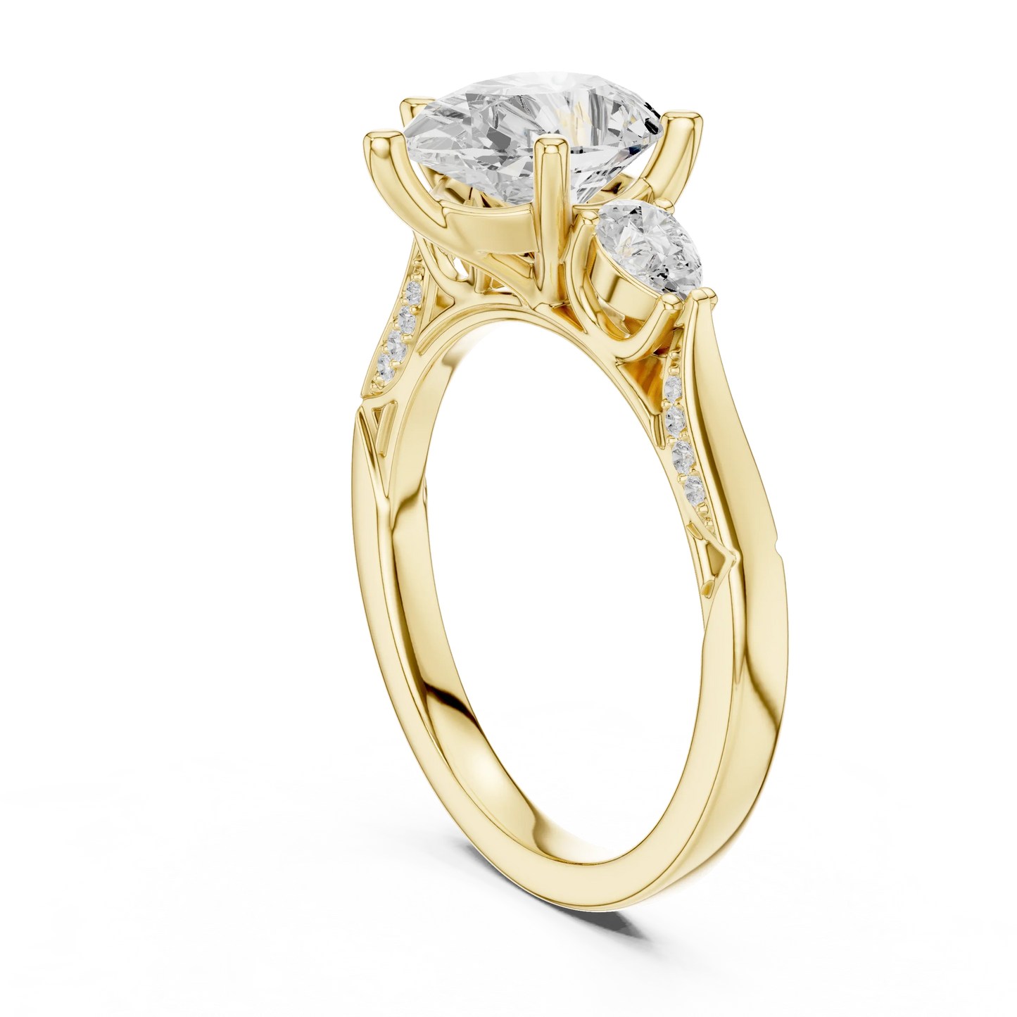 Back side view of yellow gold pear three stone ring with pear side stones, accent band and lab-grown diamonds 鈥?Australia