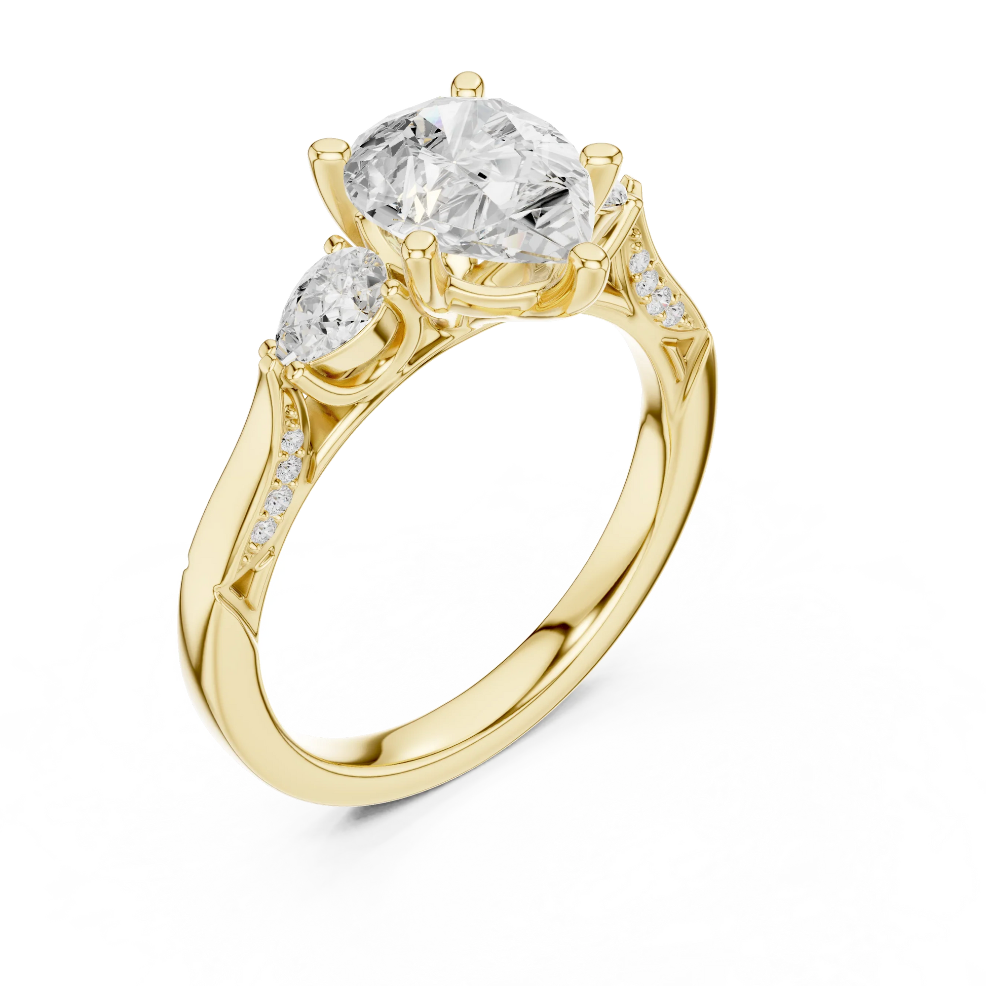Front view of yellow gold pear three stone ring with pear side stones, accent band and lab-grown diamonds 鈥?Australia