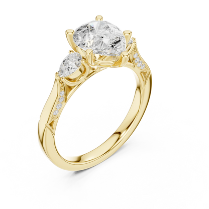Front view of yellow gold pear three stone ring with pear side stones, accent band and lab-grown diamonds 鈥?Australia