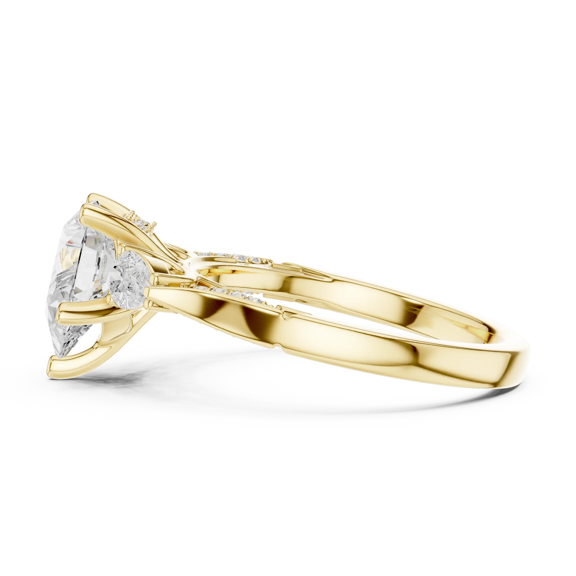 Side view of yellow gold pear three stone ring with pear side stones, accent band and lab-grown diamonds 鈥?Australia
