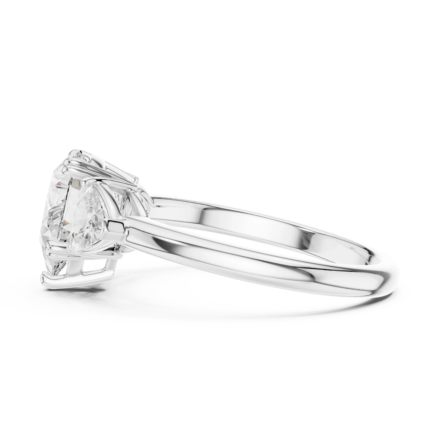 Side view of white gold pear three-stone ring with trillion cut side stones and lab-grown diamond 鈥?Australia