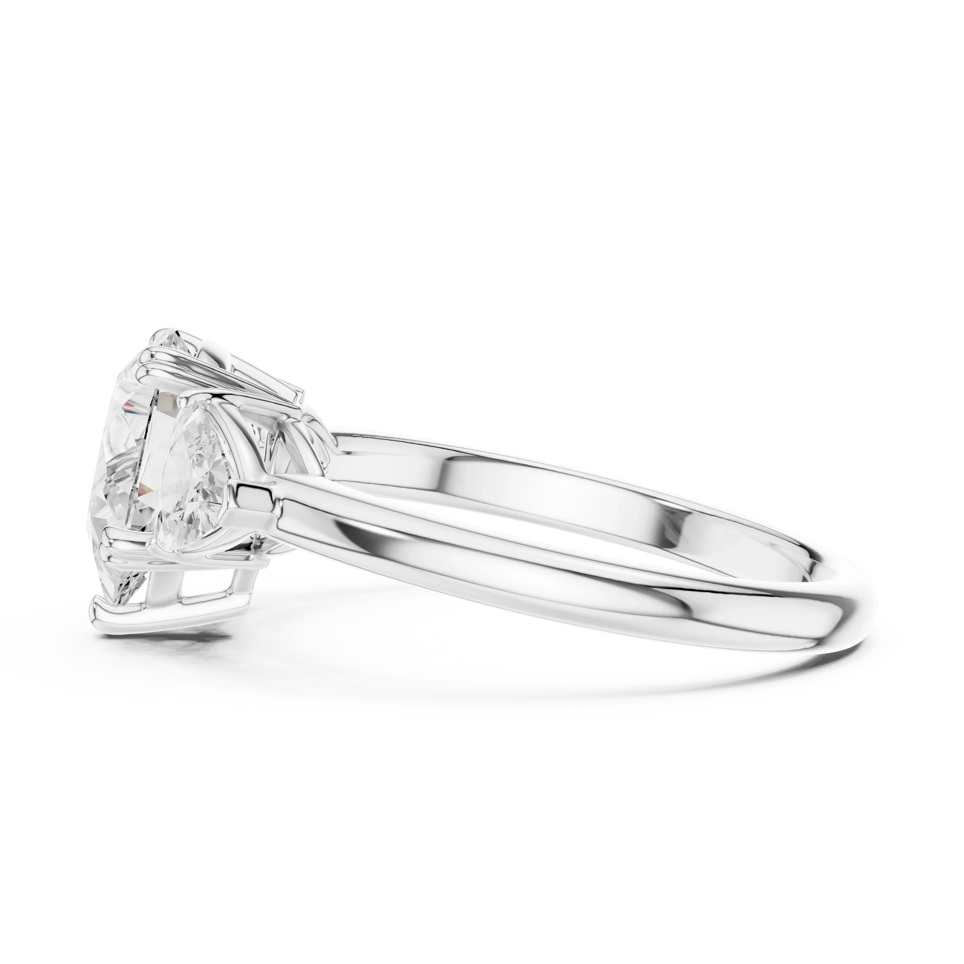 Side view of white gold pear three-stone ring with trillion cut side stones and lab-grown diamond 鈥?Australia