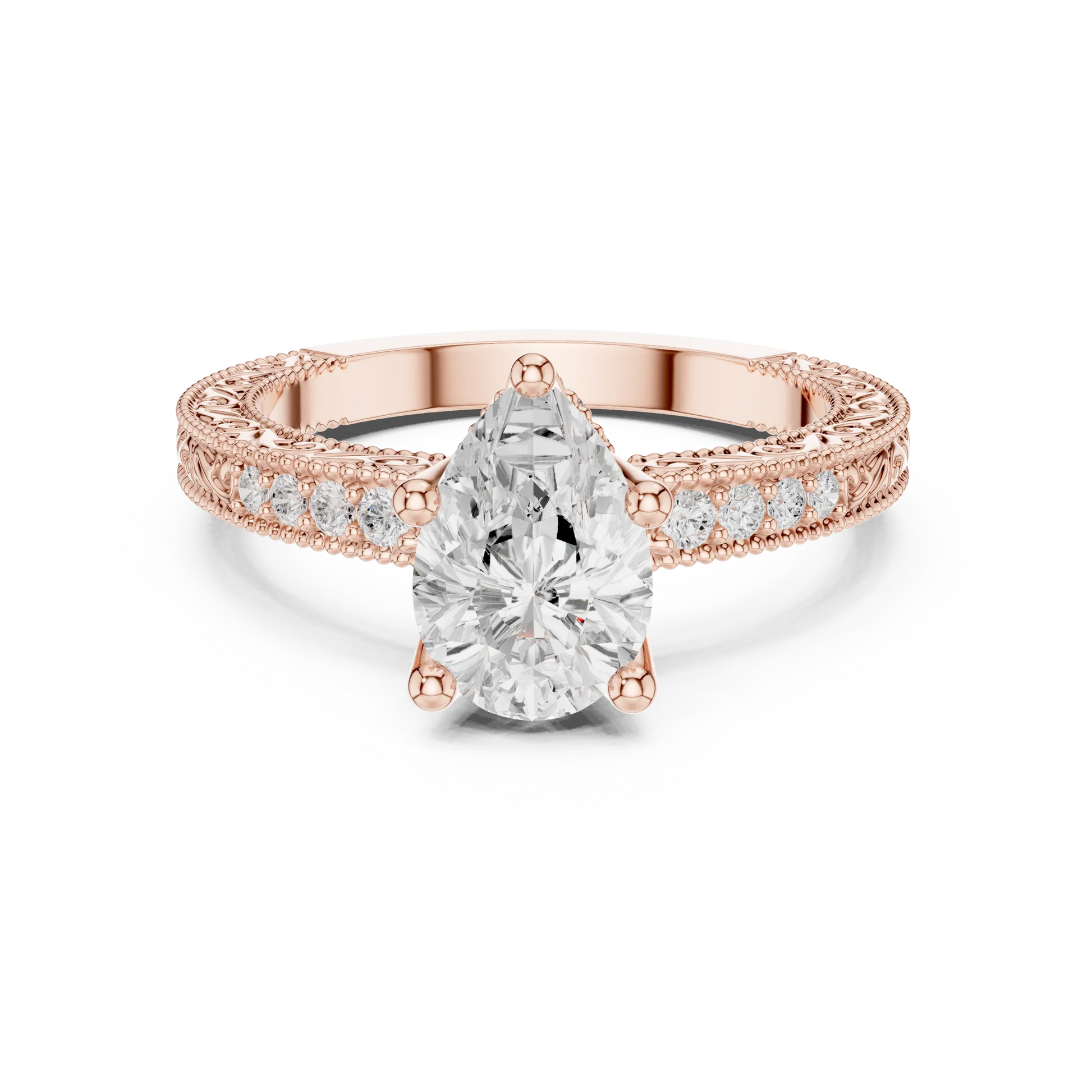 Pear vintage filigree ring in rose gold with milgrain, channel set diamond band and lab-grown diamond – Australia