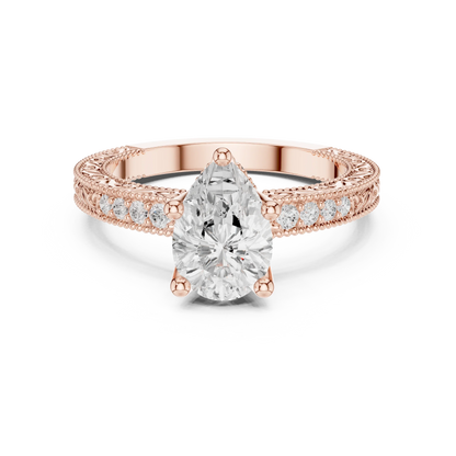 Pear vintage filigree ring in rose gold with milgrain, channel set diamond band and lab-grown diamond – Australia