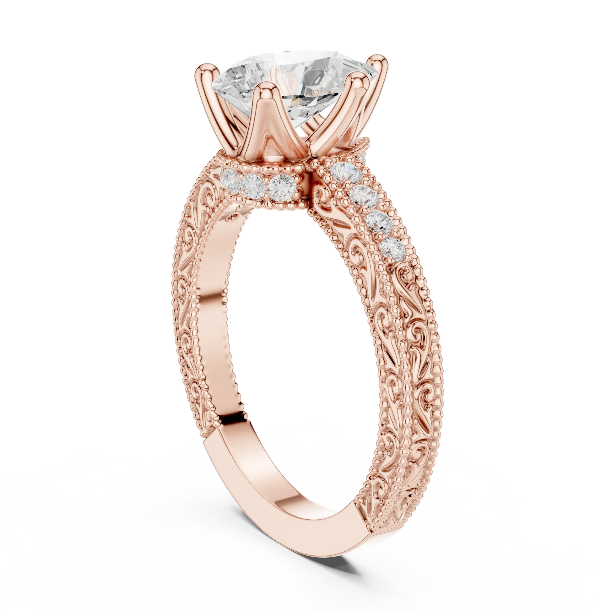 Back view of rose gold pear vintage filigree ring with milgrain, channel set diamond band and lab-grown diamond – Australia