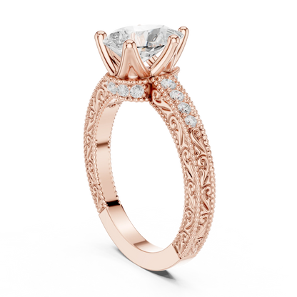 Back view of rose gold pear vintage filigree ring with milgrain, channel set diamond band and lab-grown diamond – Australia