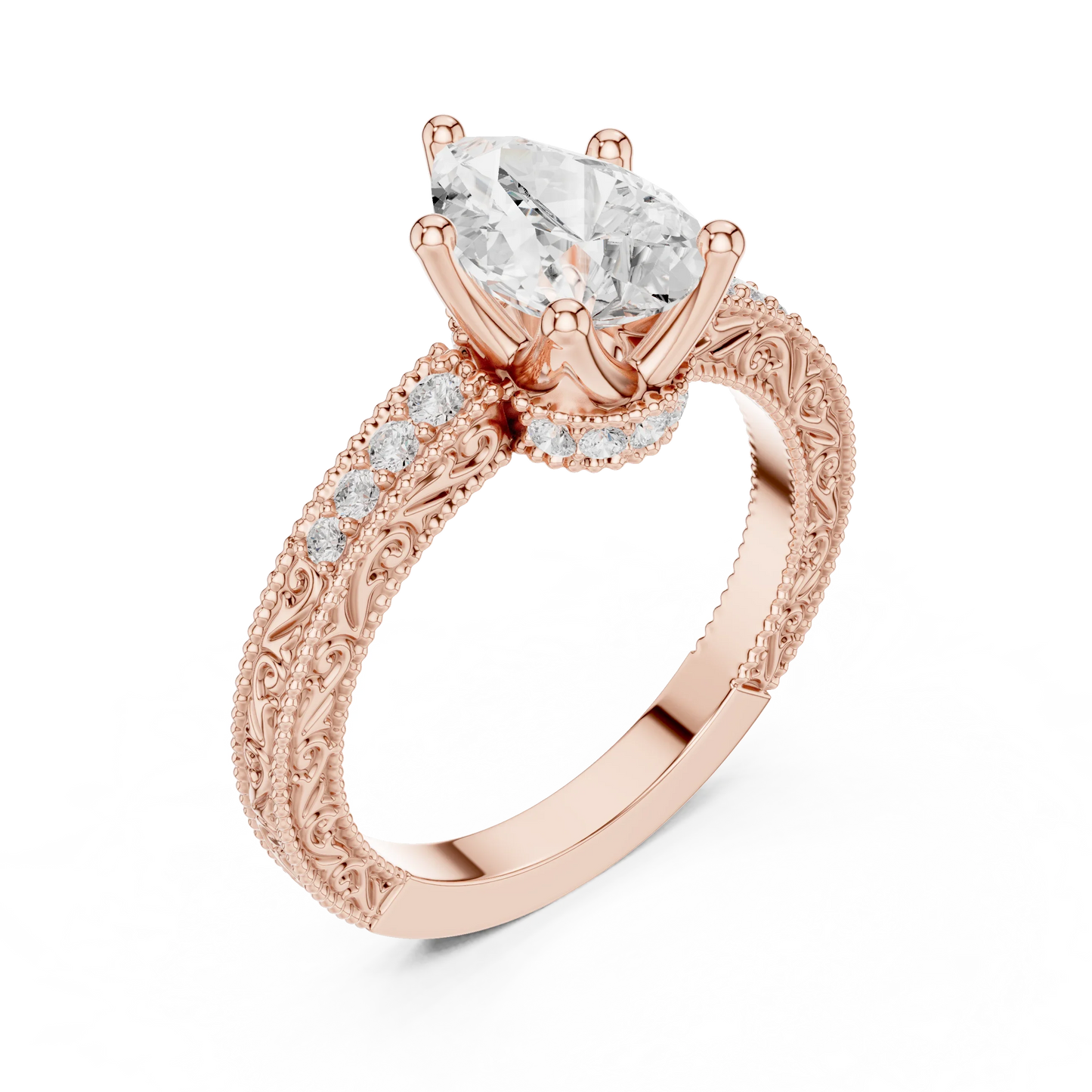 Front view of rose gold pear vintage filigree ring with milgrain, channel set diamond band and lab-grown diamond – Australia